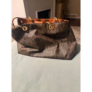 Michael Kors Brown MK Logo Tote Shoulder Bag Gold Chain Handles Zip Top